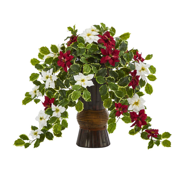 22.5” Poinsettia and Holly Artificial Plant in Decorative Planter (Real Touch)