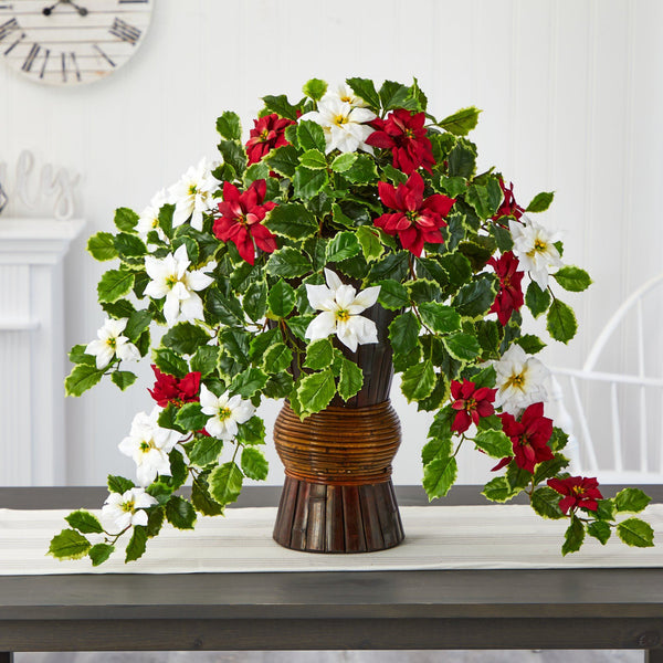 22.5” Poinsettia and Holly Artificial Plant in Decorative Planter (Real Touch)