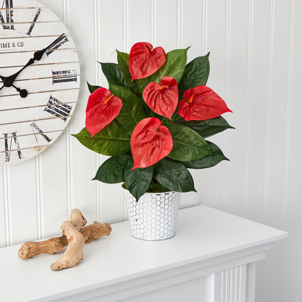 23” Anthurium Artificial Plant in Embossed White Planter