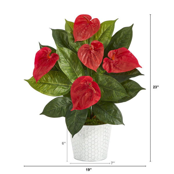 23” Anthurium Artificial Plant in Embossed White Planter