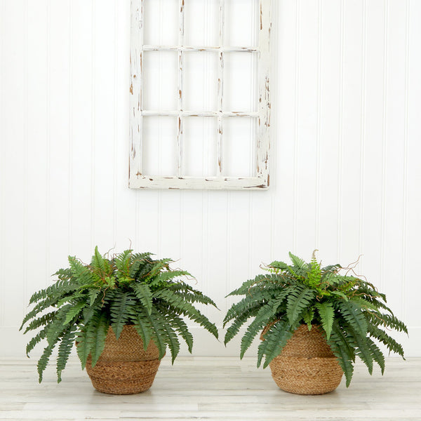 23” Artificial Boston Fern Plant with Handmade Jute & Cotton Basket with Handles DIY KIT - Set of 2
