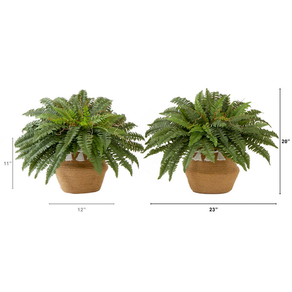 23” Artificial Boston Fern Plant with Handmade Jute & Cotton Basket with Tassels DIY KIT - Set of 2