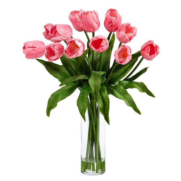 23” Artificial Tulip  Arrangement with Cylinder Glass Vase