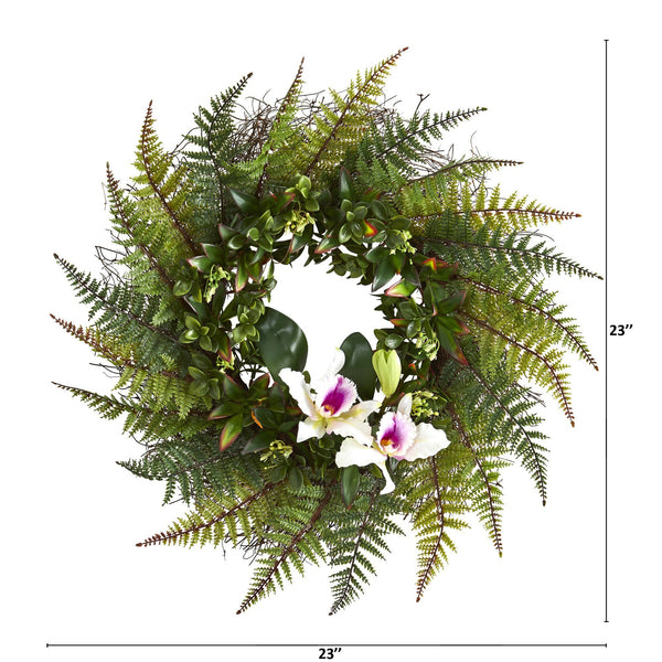 23” Assorted Fern and Cattleya Orchid Artificial Wreath