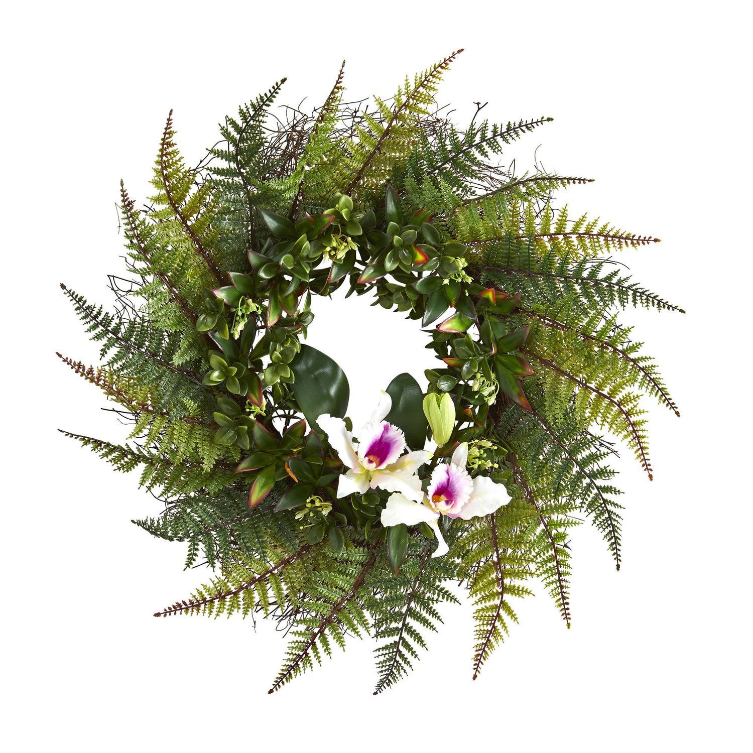 23” Assorted Fern and Cattleya Orchid Artificial Wreath