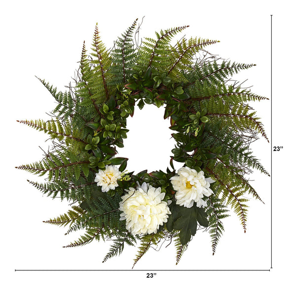 23” Assorted Fern and Chrysanthemum Artificial Wreath