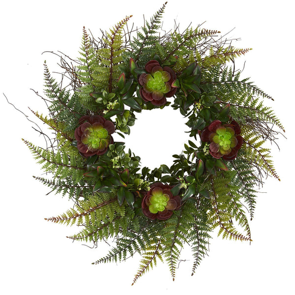23” Assorted Fern and Echeveria Succulent Artificial Wreath