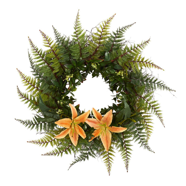 23” Assorted Fern and Lily Artificial Wreath