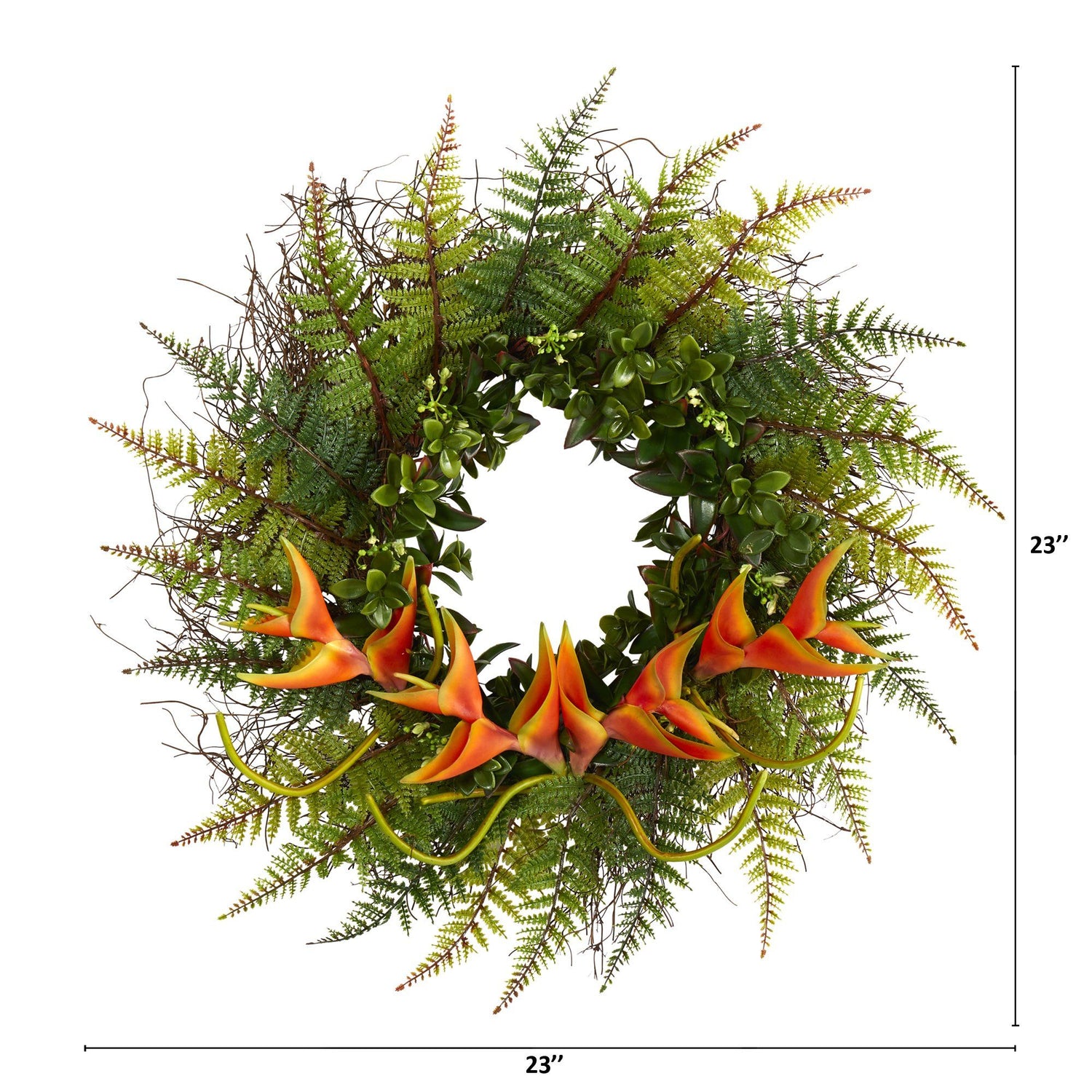 23” Assorted Fern and Mini Heliconia Artificial Wreath