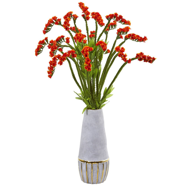 23” Baby Breath Arrangement in Oval Vase with Gold Trimming