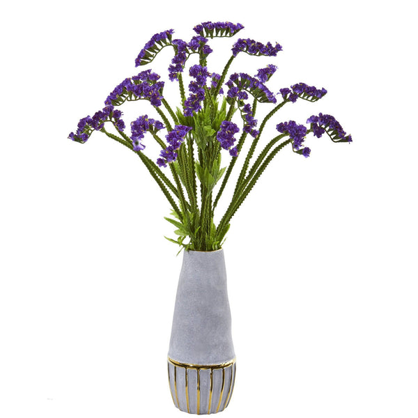 23” Baby Breath Arrangement in Oval Vase with Gold Trimming