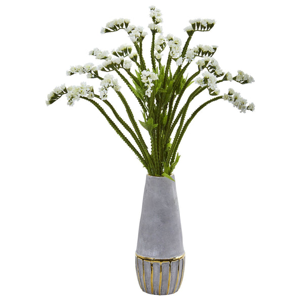 23” Baby Breath Arrangement in Oval Vase with Gold Trimming