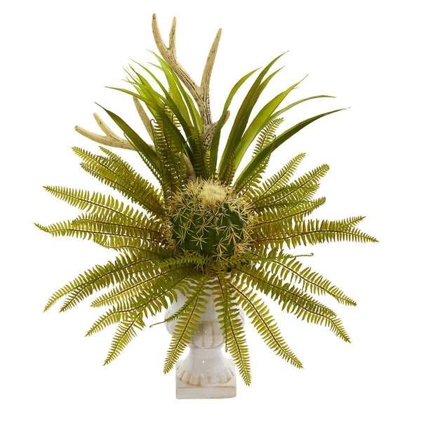 23” Cactus and Fern Artificial Plant in White Urn