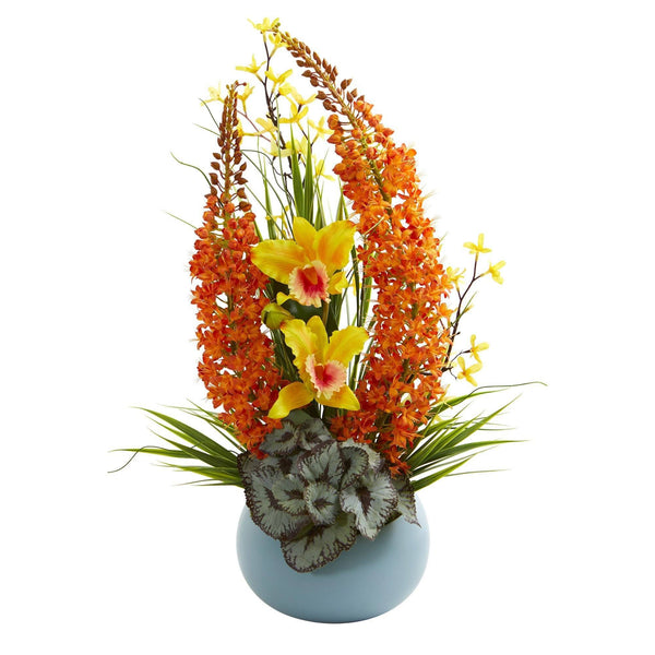 23” Cattleya Orchid and Fox Tail Artificial Arrangement in Blue Vase
