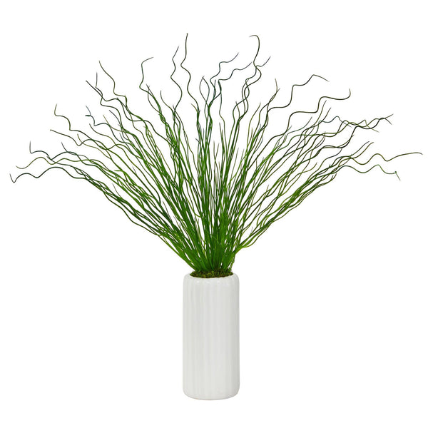 23” Curly Grass Artificial Plant in White Planter
