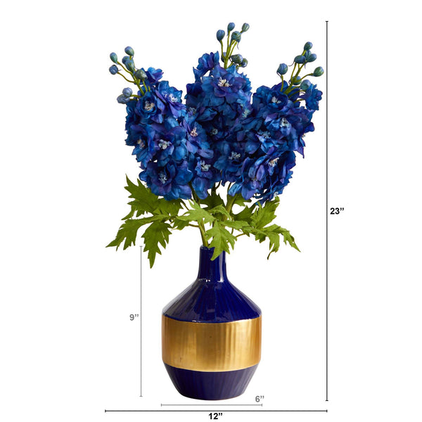 23” Delphinium Artificial Arrangement in Blue and Gold Designer Vase