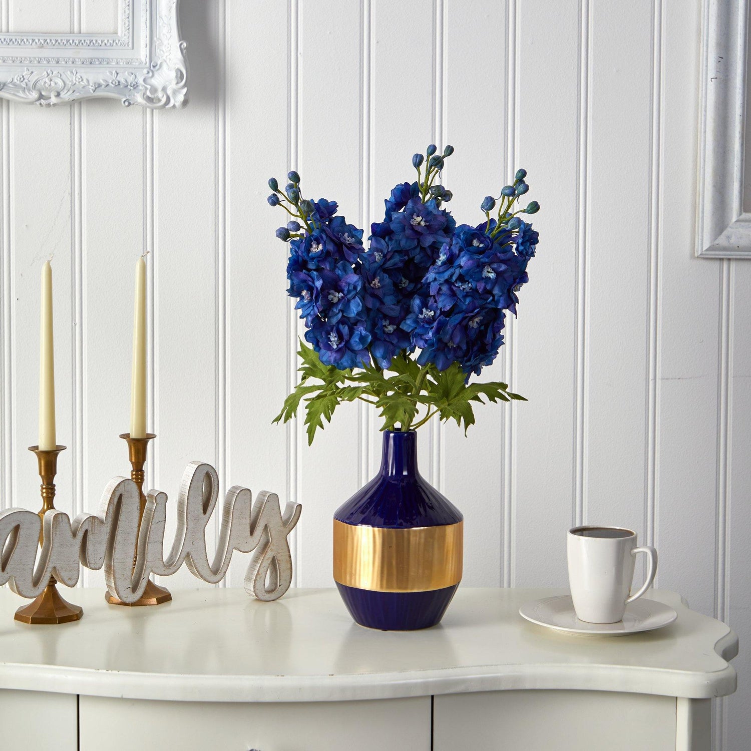 23” Delphinium Artificial Arrangement in Blue and Gold Designer Vase