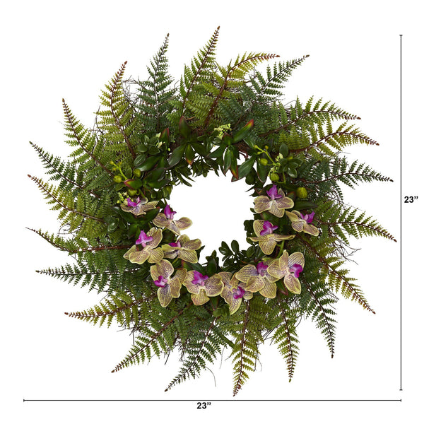23” Fern and Phalaenopsis Orchid Artificial Wreath