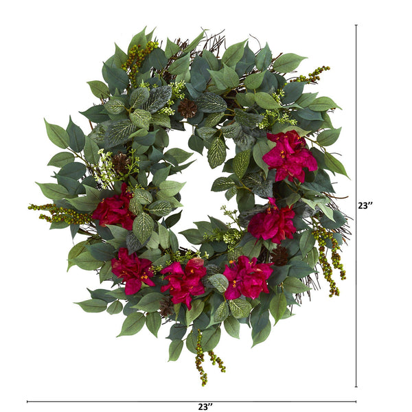23” Mixed Greens and Bougainvillea Artificial Wreath