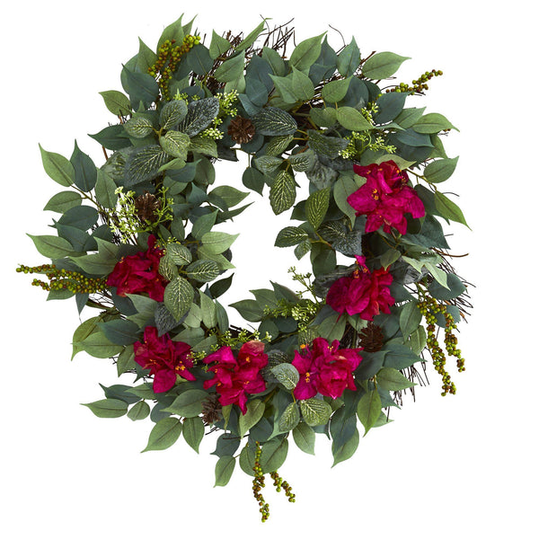 23” Mixed Greens and Bougainvillea Artificial Wreath