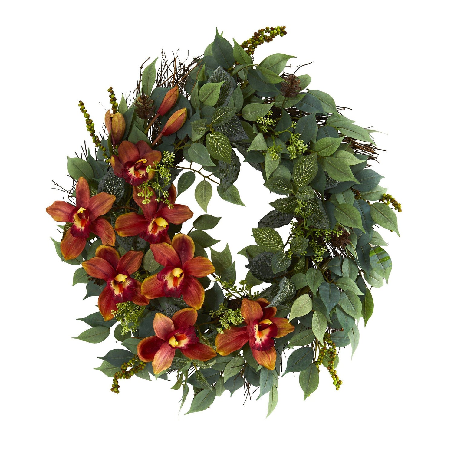 23” Mixed Greens and Cymbidium Orchid Artificial Wreath