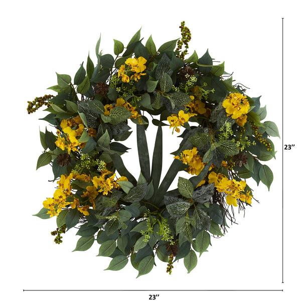 23” Mixed Greens and Dancing Lady Orchid Artificial Wreath