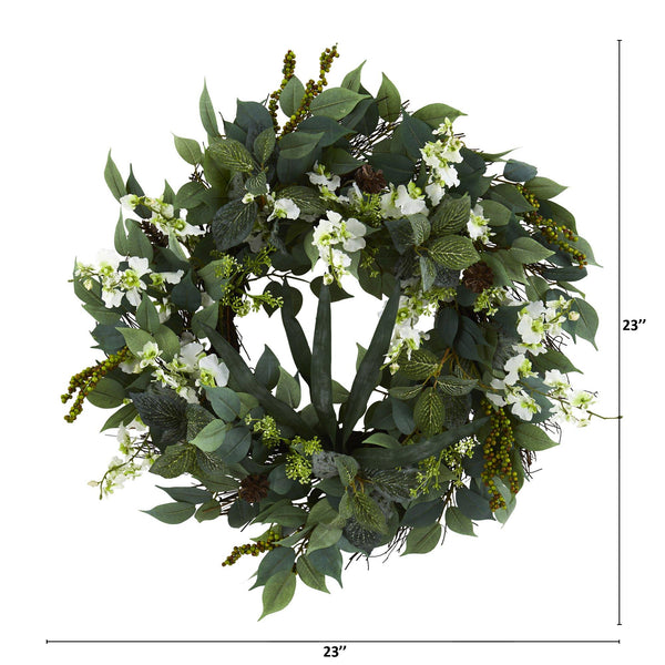 23” Mixed Greens and Dancing Lady Orchid Artificial Wreath