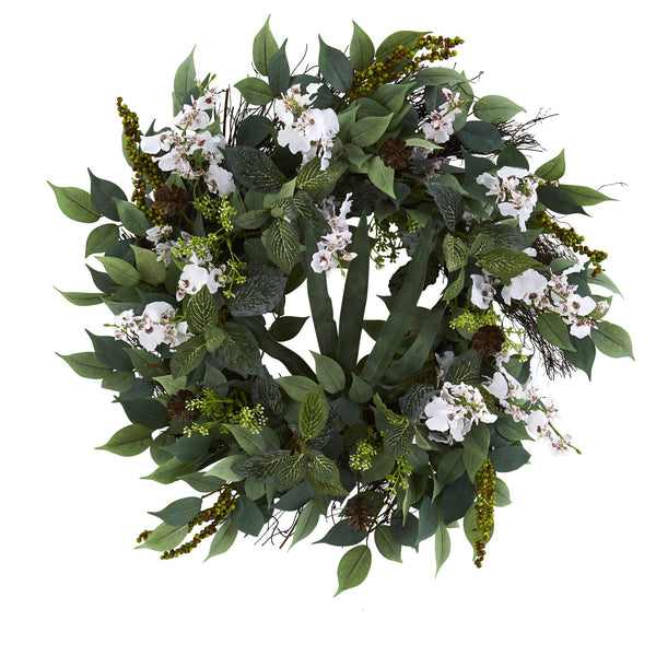 23” Mixed Greens and Dancing Lady Orchid Artificial Wreath