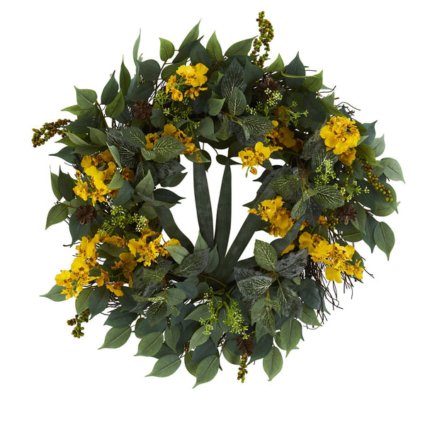 23” Mixed Greens and Dancing Lady Orchid Artificial Wreath