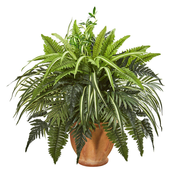 23” Mixed Greens and Fern Artificial Plant in  Terra Cotta Planter