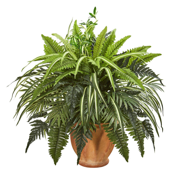 faux plant in terracotta pot 23” Mixed Greens and Fern Artificial Plant in Terra Cotta Planter