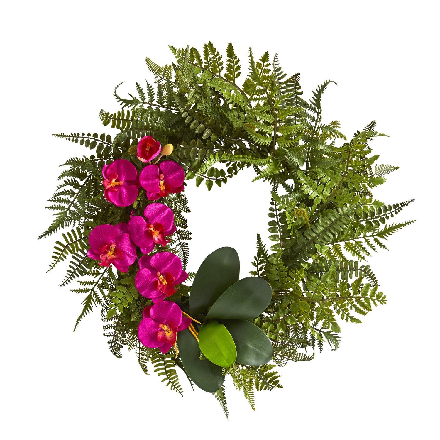 23” Mixed Greens and Phalaenopsis Orchid Artificial Wreath