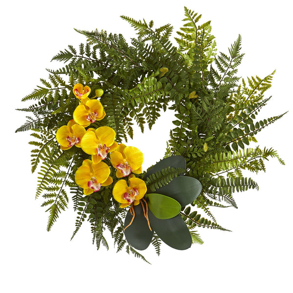 23” Mixed Greens and Phalaenopsis Orchid Artificial Wreath