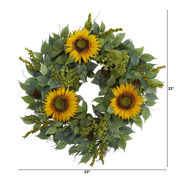 23” Mixed Greens and Sunflower Artificial Wreath