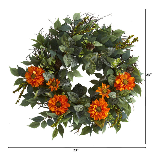 23” Mixed Greens and Zinnia Artificial Wreath