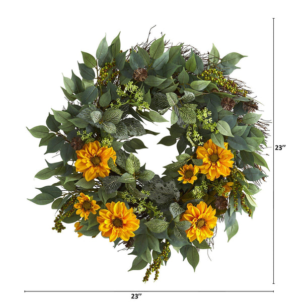23” Mixed Greens and Zinnia Artificial Wreath