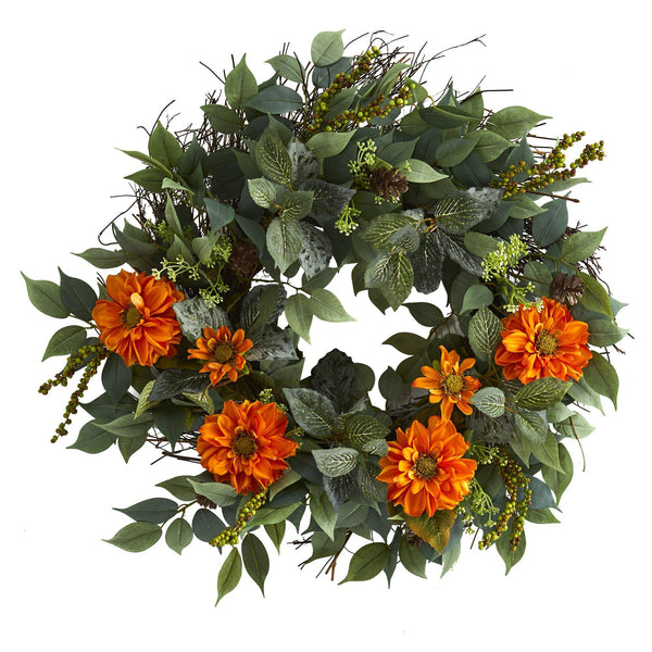 23” Mixed Greens and Zinnia Artificial Wreath