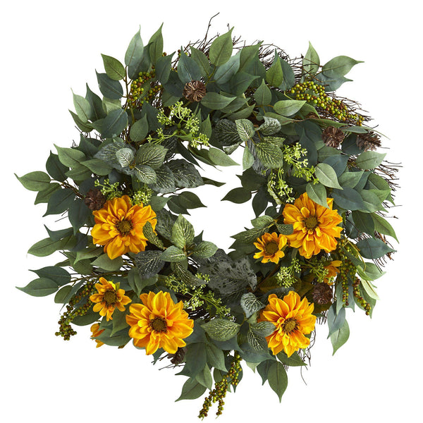23” Mixed Greens and Zinnia Artificial Wreath