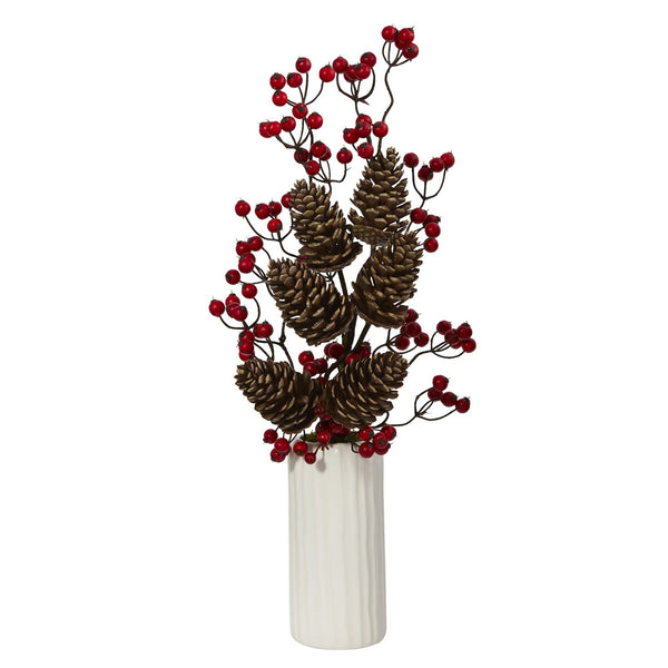 23” Pinecone and Berries Artificial Arrangement in White Vase