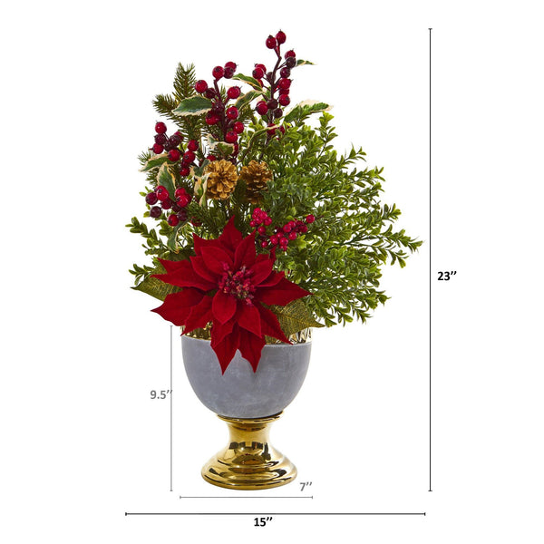23” Poinsettia and Boxwood Artificial Arrangement in Stoneware Urn with Gold Trimming