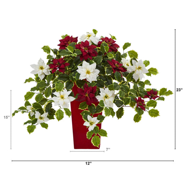 23” Poinsettia and Variegated Holly Artificial Plant in Decorative Planter (Real Touch)