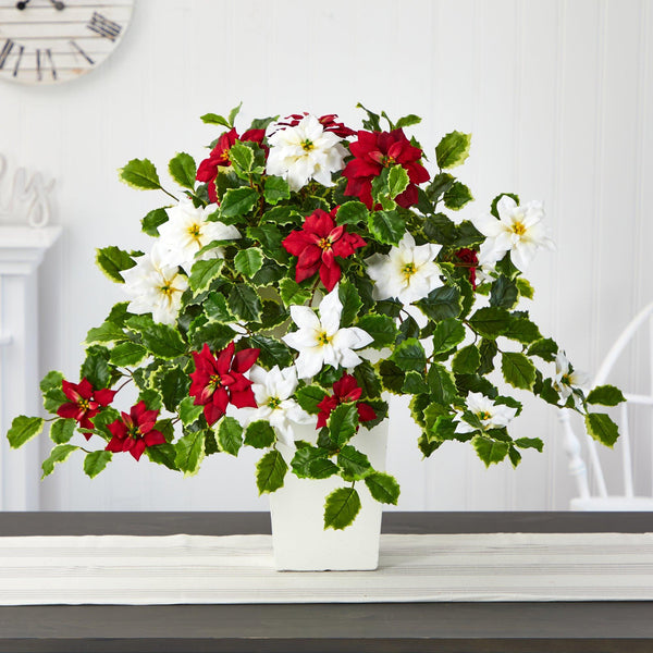 23” Poinsettia and Variegated Holly Artificial Plant in Decorative Planter (Real Touch)