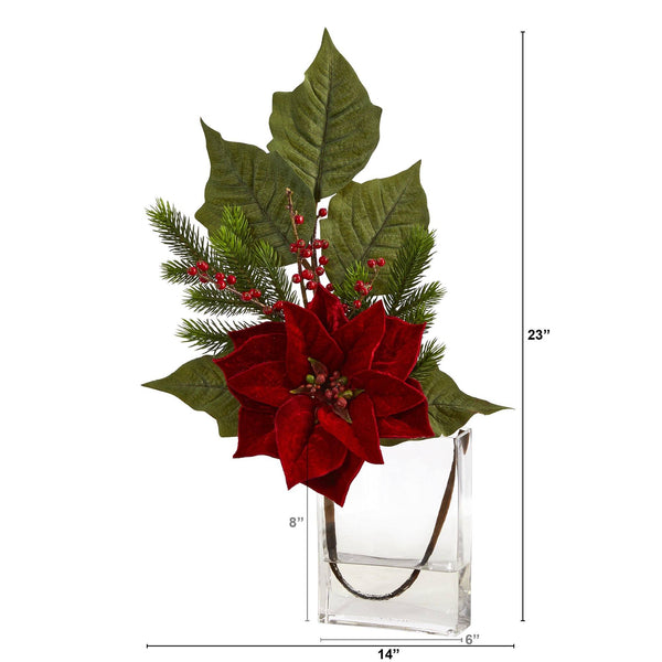 23” Poinsettia, Berries and Pine Artificial Arrangement in Glass Vase