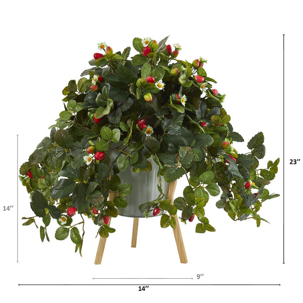 23” Strawberry Artificial Plant with Berries in Green Planter with Stand
