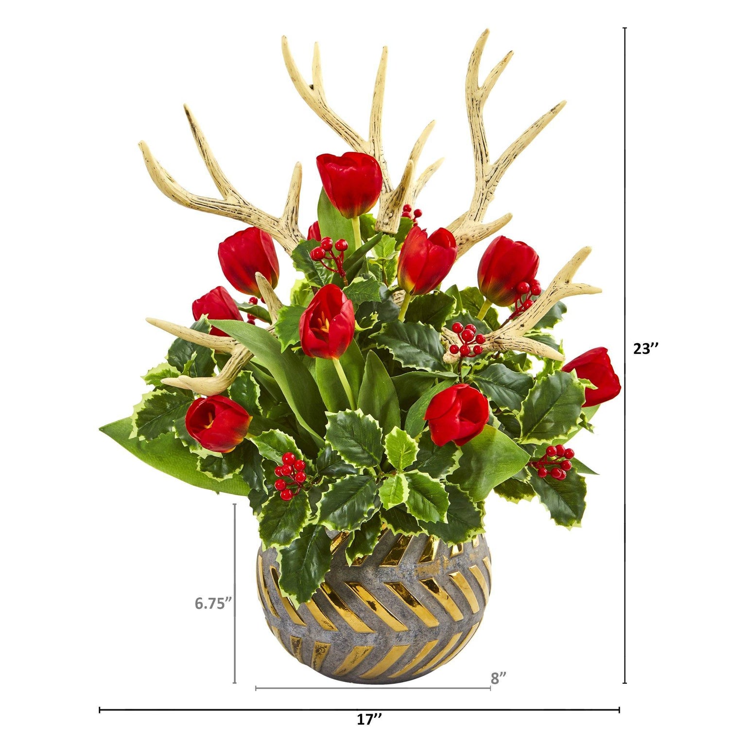 23” Tulips, Antlers and Holly Leaf Arrangement in Bowl