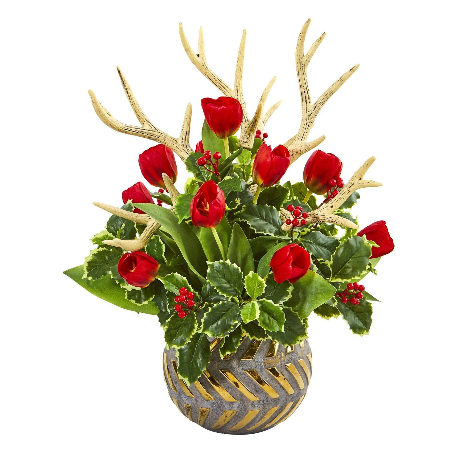 23” Tulips, Antlers and Holly Leaf Arrangement in Bowl