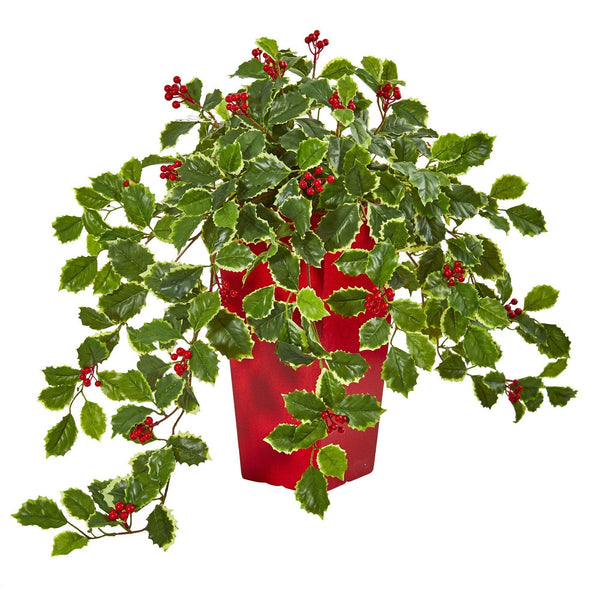 23” Variegated Holly with Berries Artificial Plant in Red Planter (Real Touch)