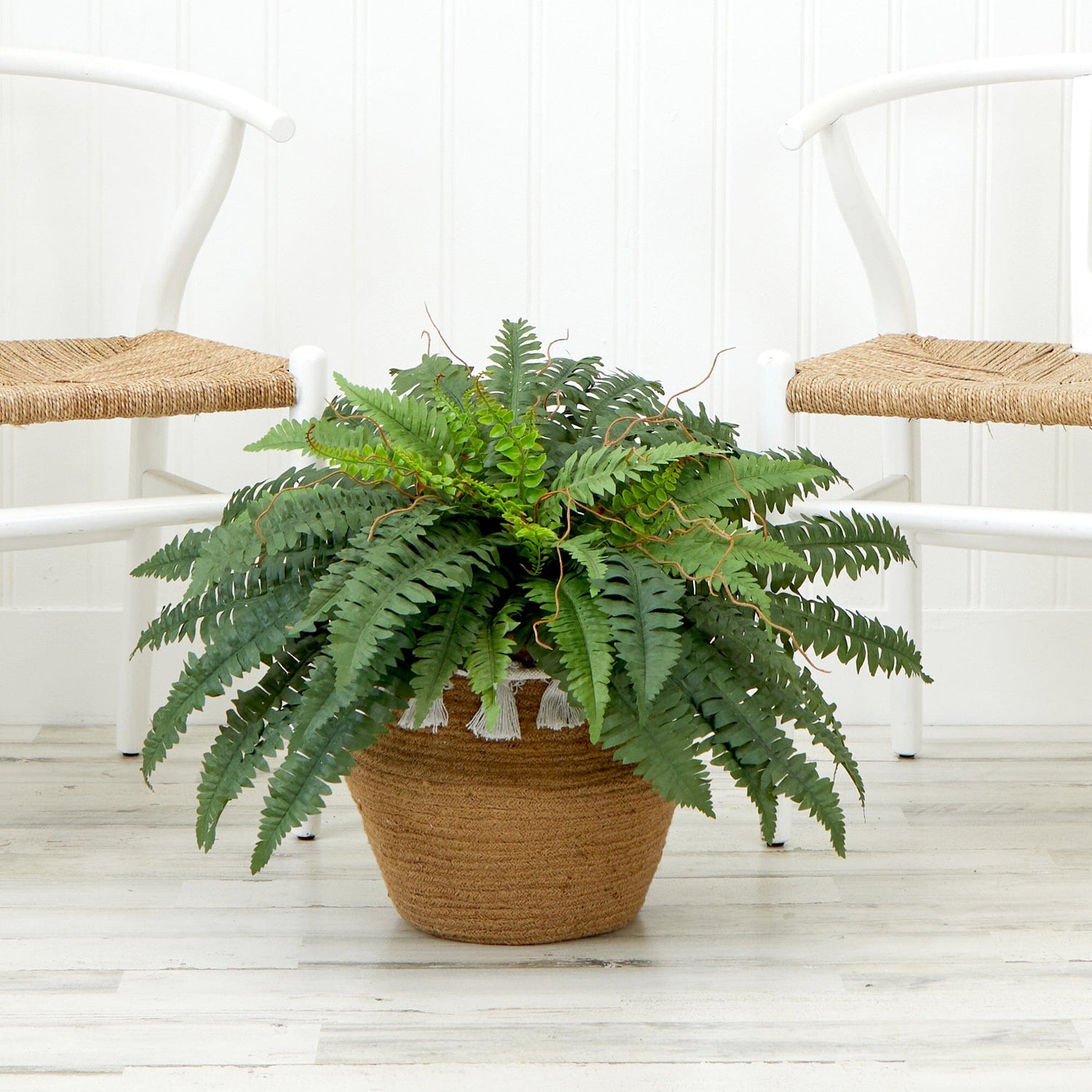 23”Artificial Boston Fern Plant in Handmade  Jute & Cotton Basket with Tassels DIY KIT