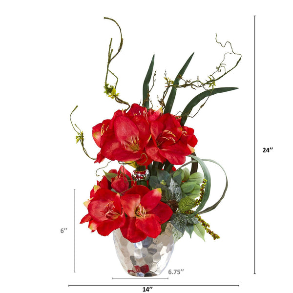 24” Amaryllis and Mixed Greens Arrangement in Silver Bowl