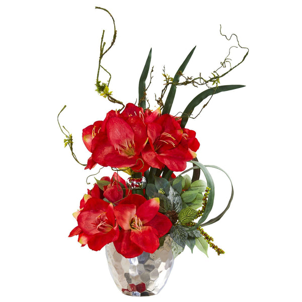 24” Amaryllis and Mixed Greens Arrangement in Silver Bowl